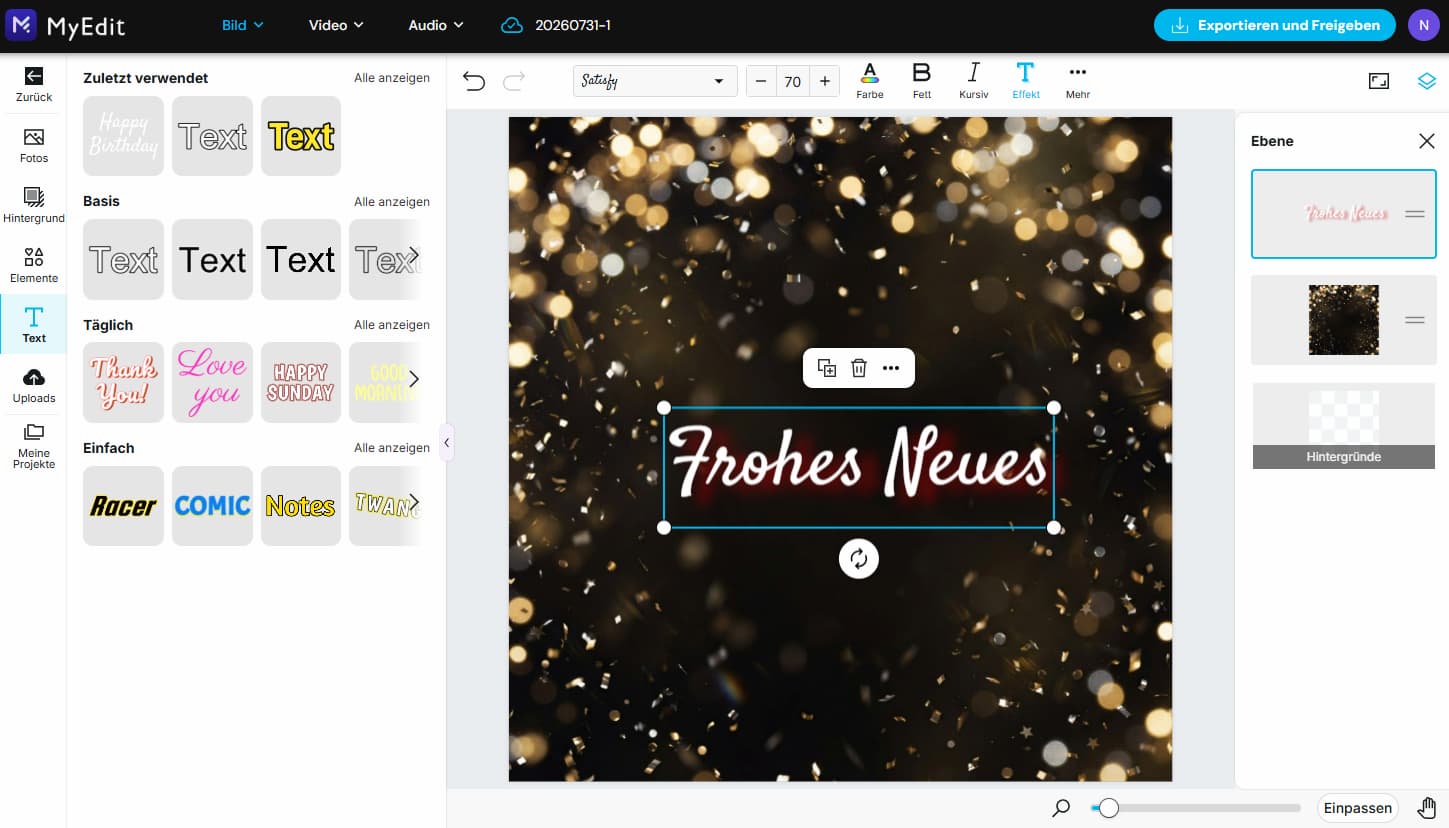 Neujahrs-Hintergrund mit dem Schriftzug Frohes Neues im Online-Editor von MyEdit gestalten