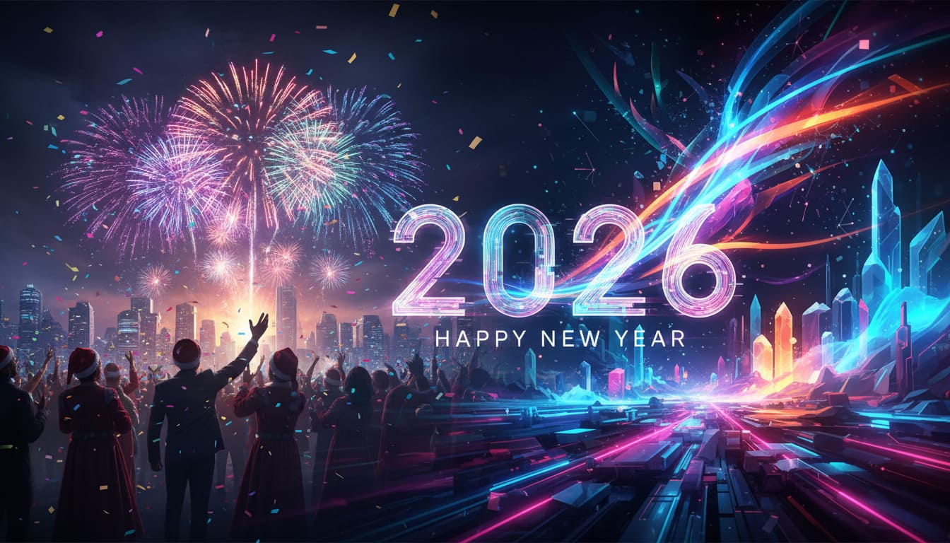 Example of a Happy New Year 2026 AI image generated with a detailed prompt