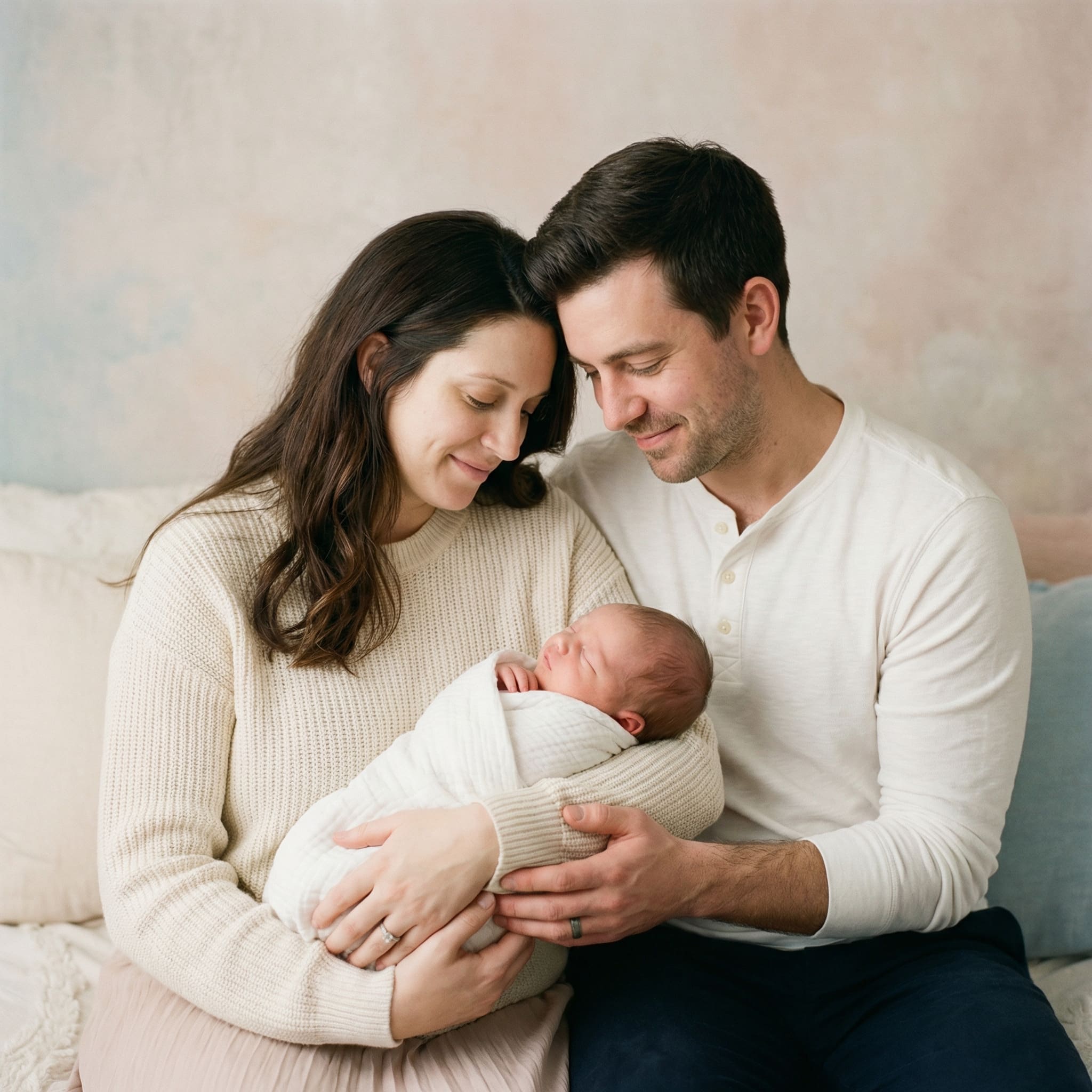 AI-generated newborn with parents portrait