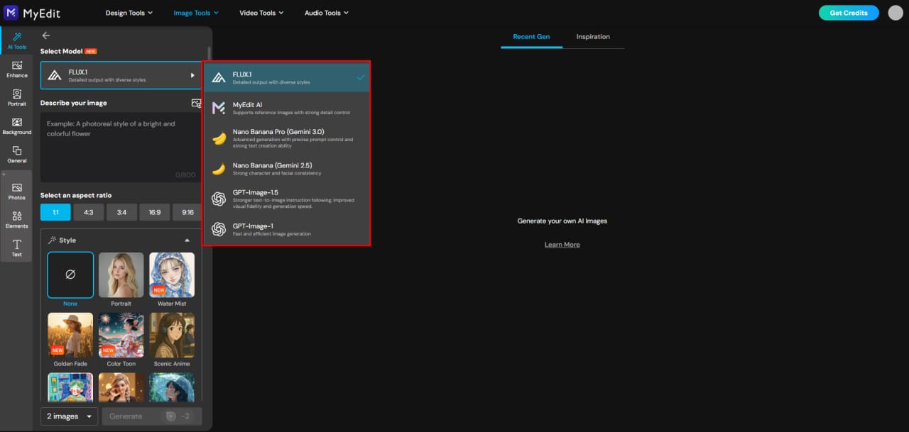 Select AI model for New Year 2026 image in MyEdit