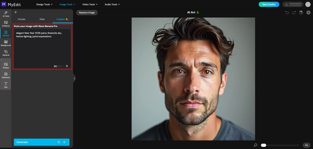 Saisir un prompt de portrait du Nouvel An dans MyEdit