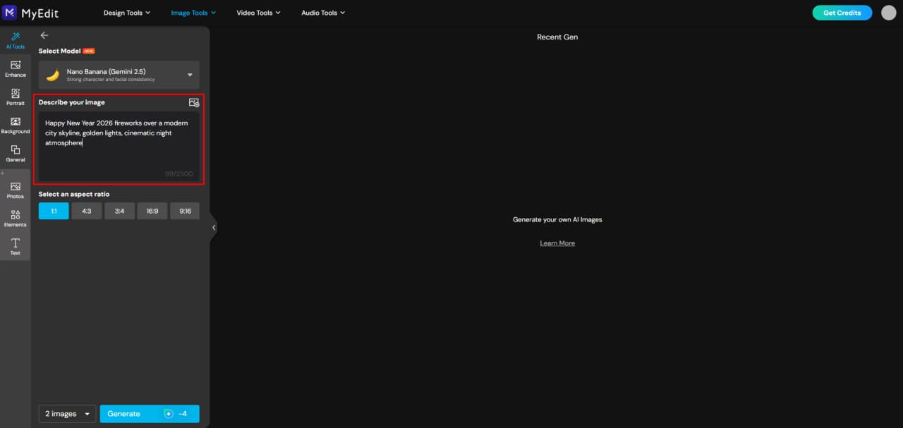 Enter New Year 2026 prompt in MyEdit