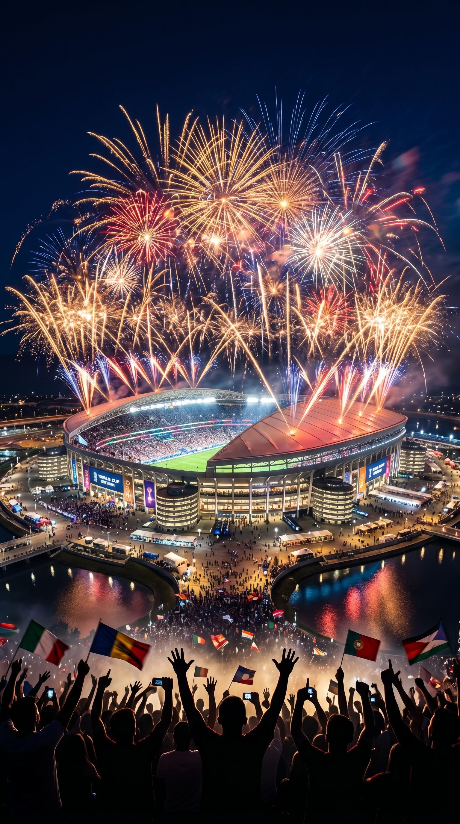 Cinematic night photo of fireworks over the World Cup final stadium, AI generated