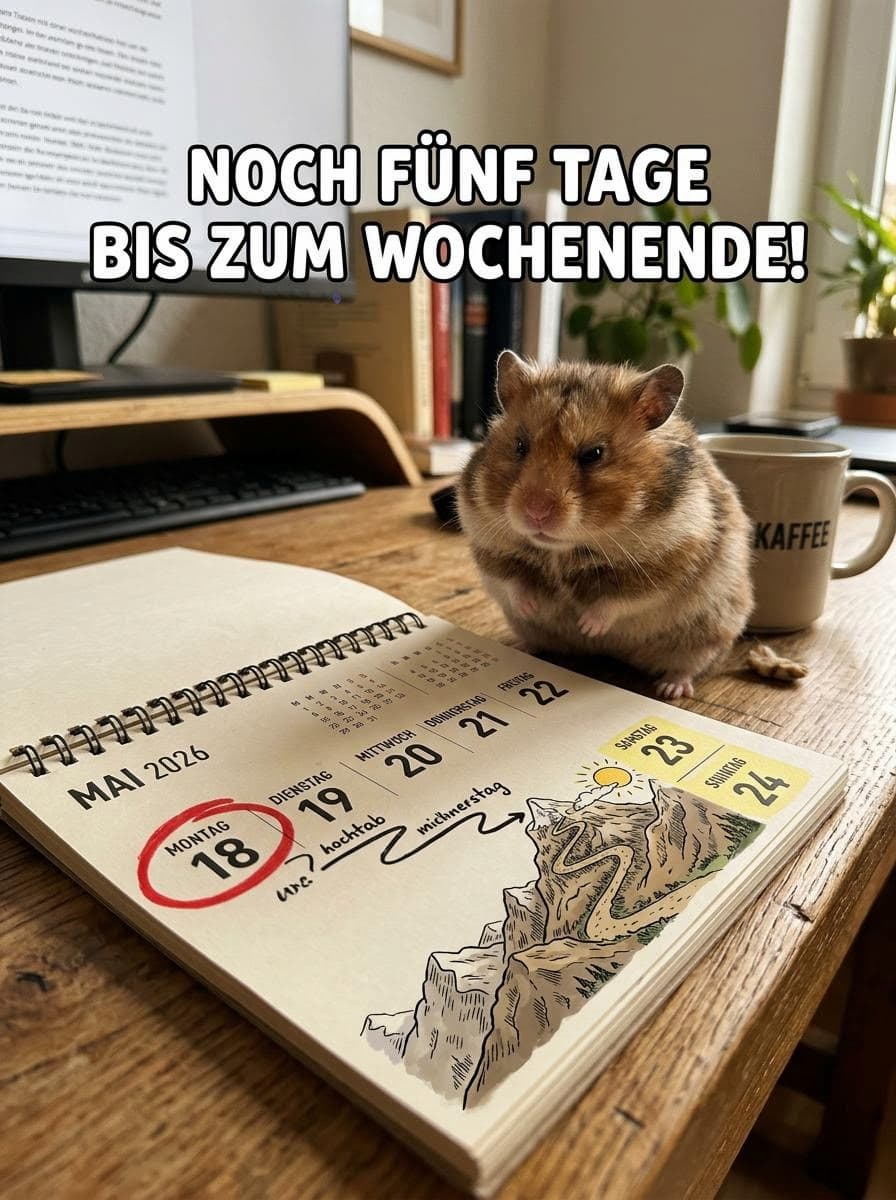 Ein kleiner brauner Hamster sitzt auf einem Schreibtisch neben einem Tischkalender, auf dem der Montag rot eingekreist ist, mit dem Text Noch fünf Tage bis zum Wochenende.