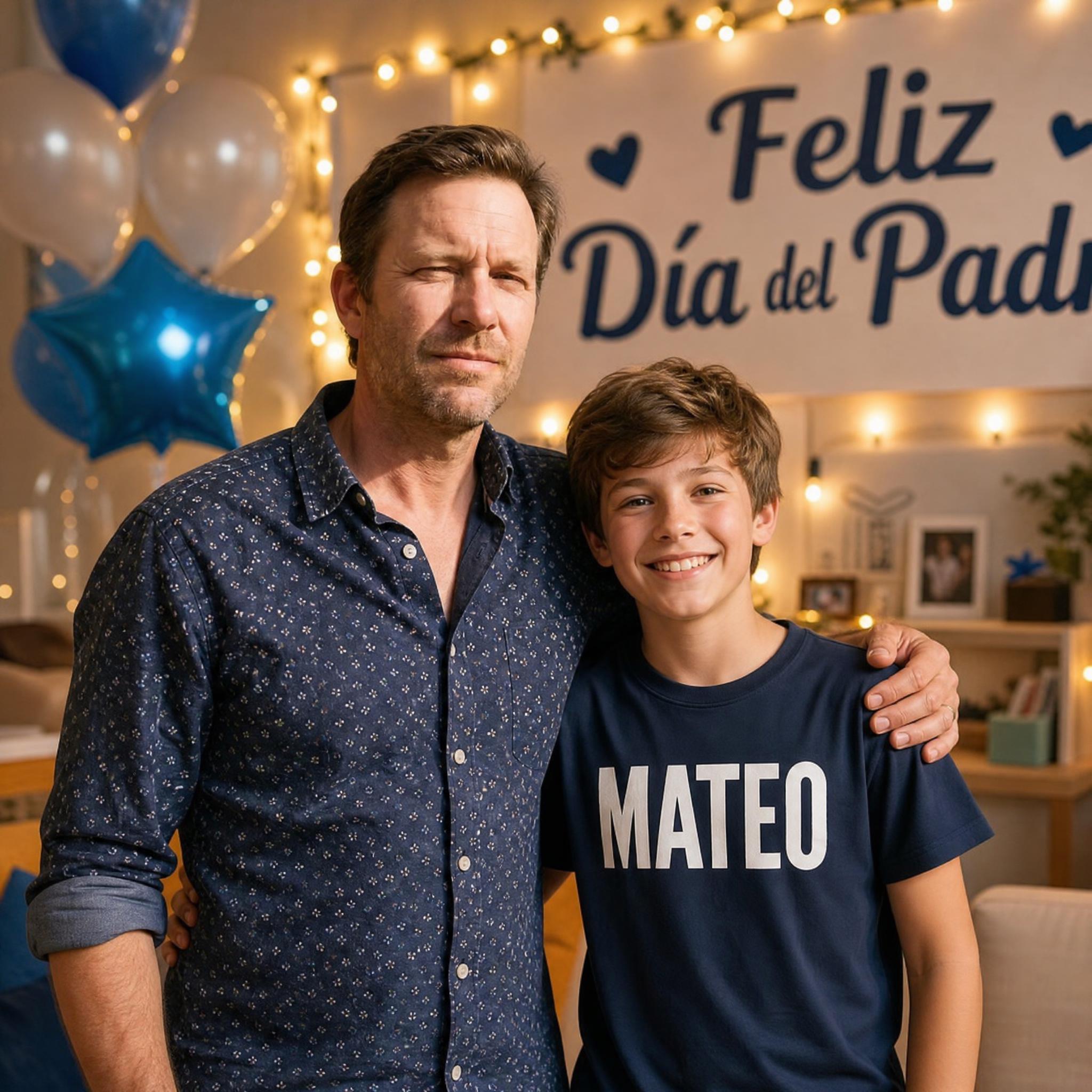 Padre e hijo con el nombre en la camiseta en una escena del Día del Padre creada con IA