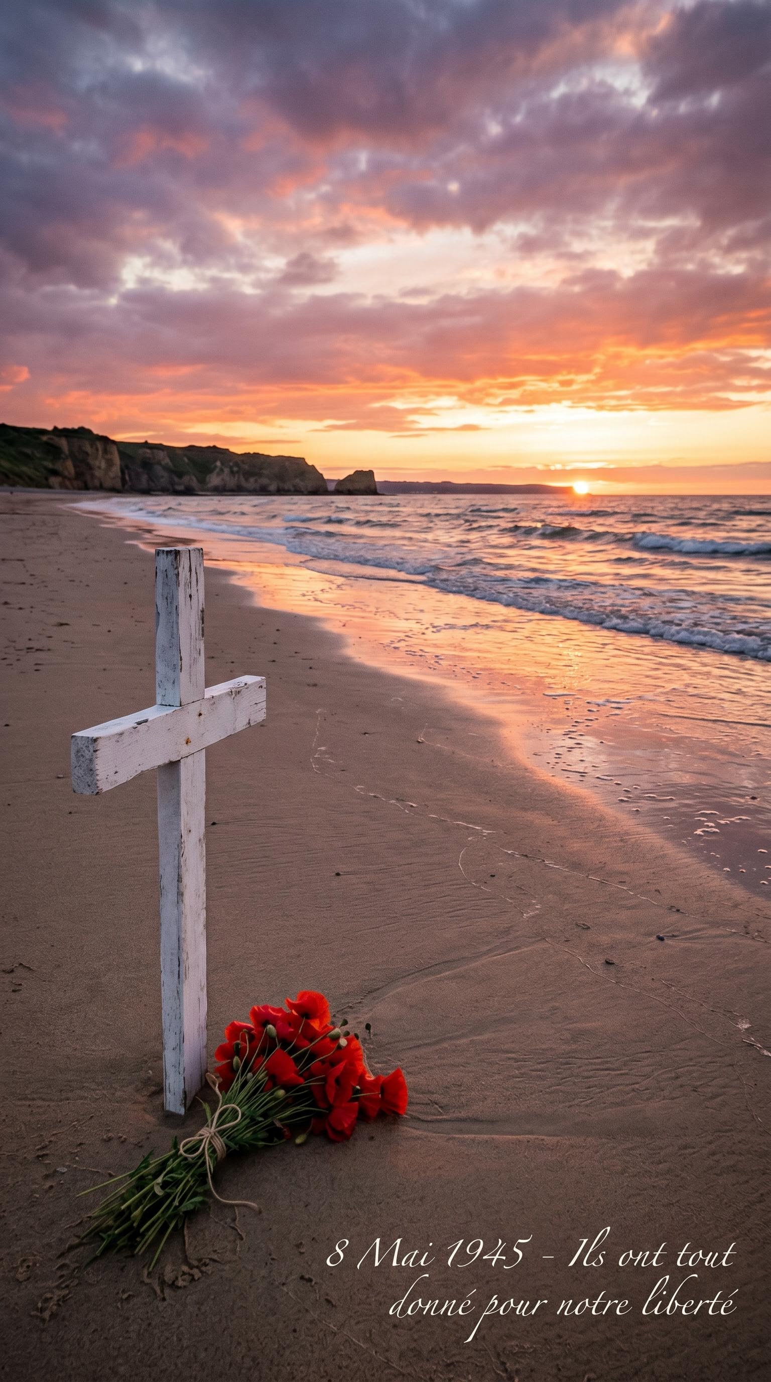 Coucher de soleil sur les plages normandes pour le 8 mai, généré par IA