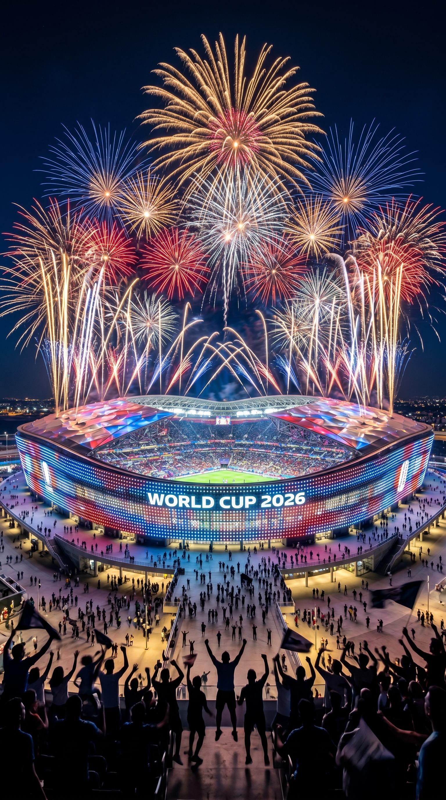 Photo cinématographique des feux d'artifice sur le stade de la finale de la coupe du monde, générée par IA