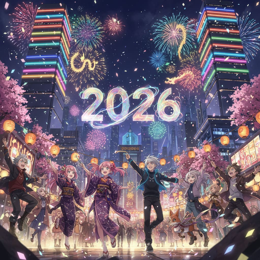 Scène de célébration du Nouvel An en style anime