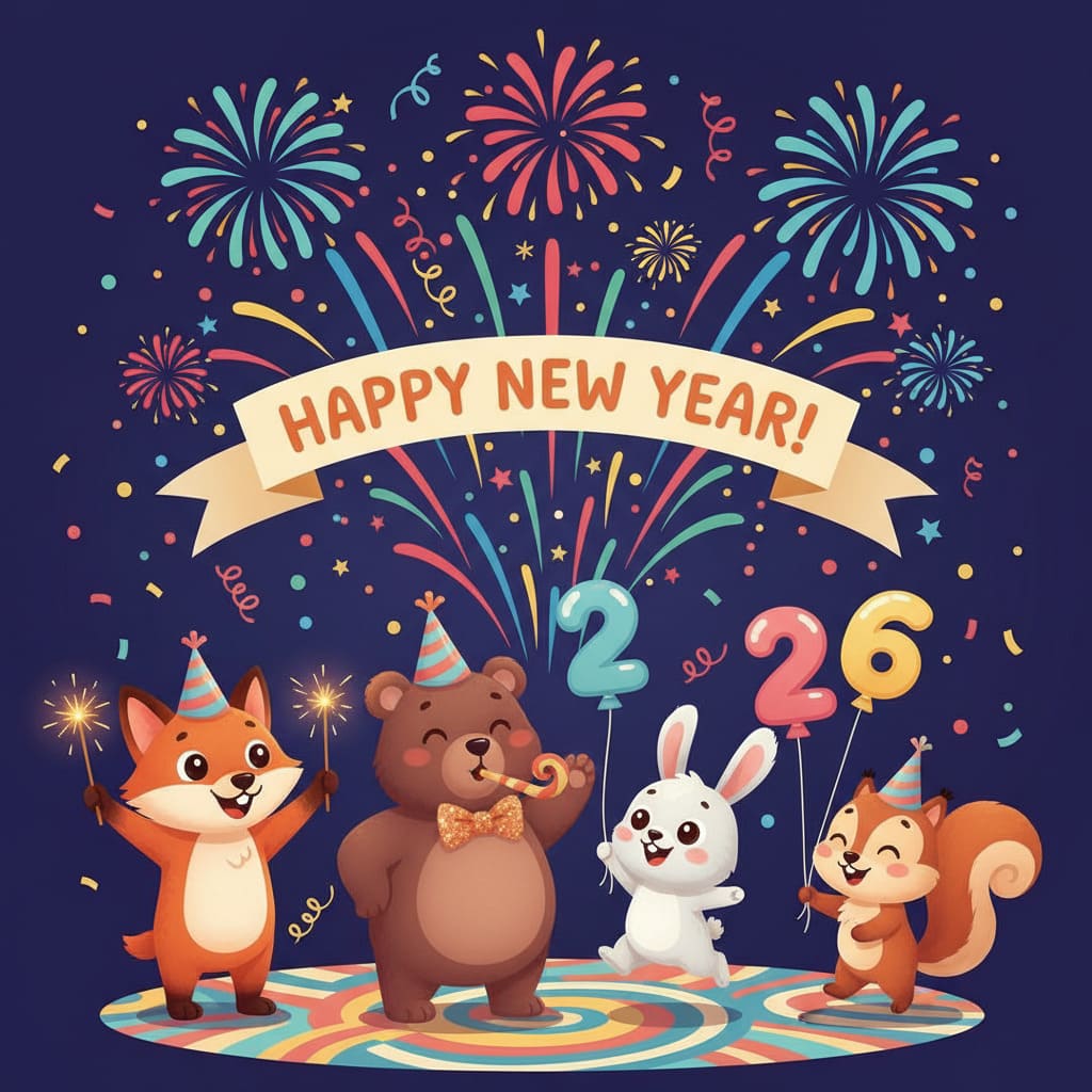 Cute Cartoon New Year Celebration with Fireworks