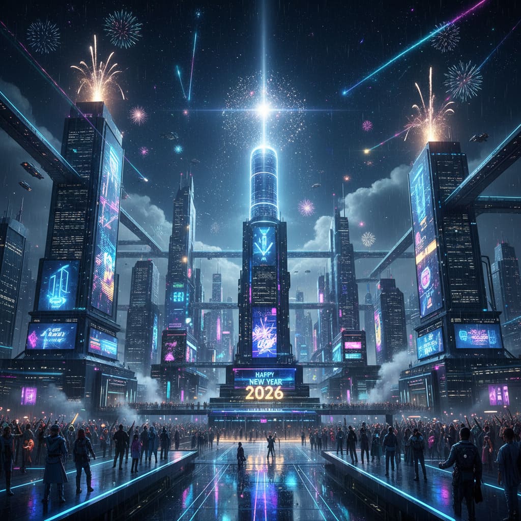Concept art futuriste pour le Nouvel An 2026