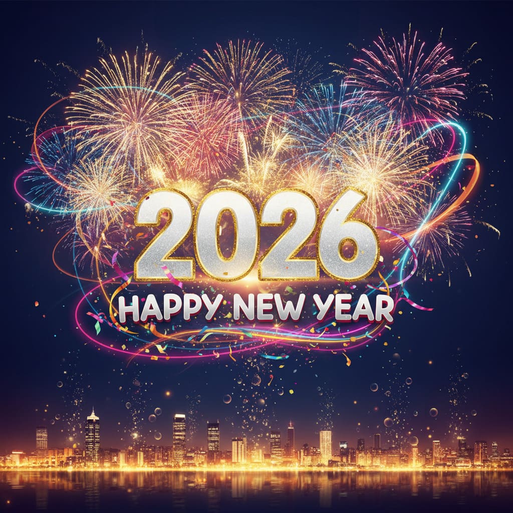 Bannière promotionnelle du Nouvel An avec feux d’artifice