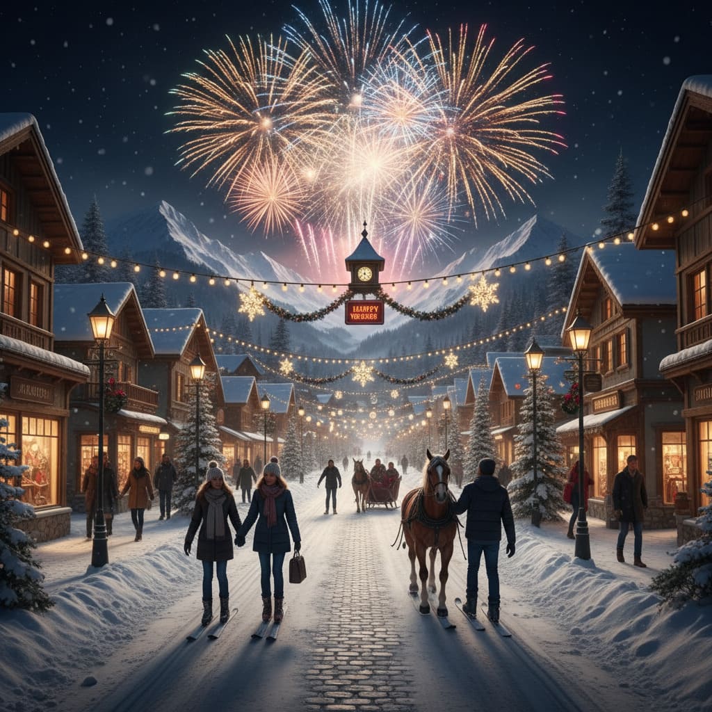 Winter Night Celebration with Fireworks & Snow
