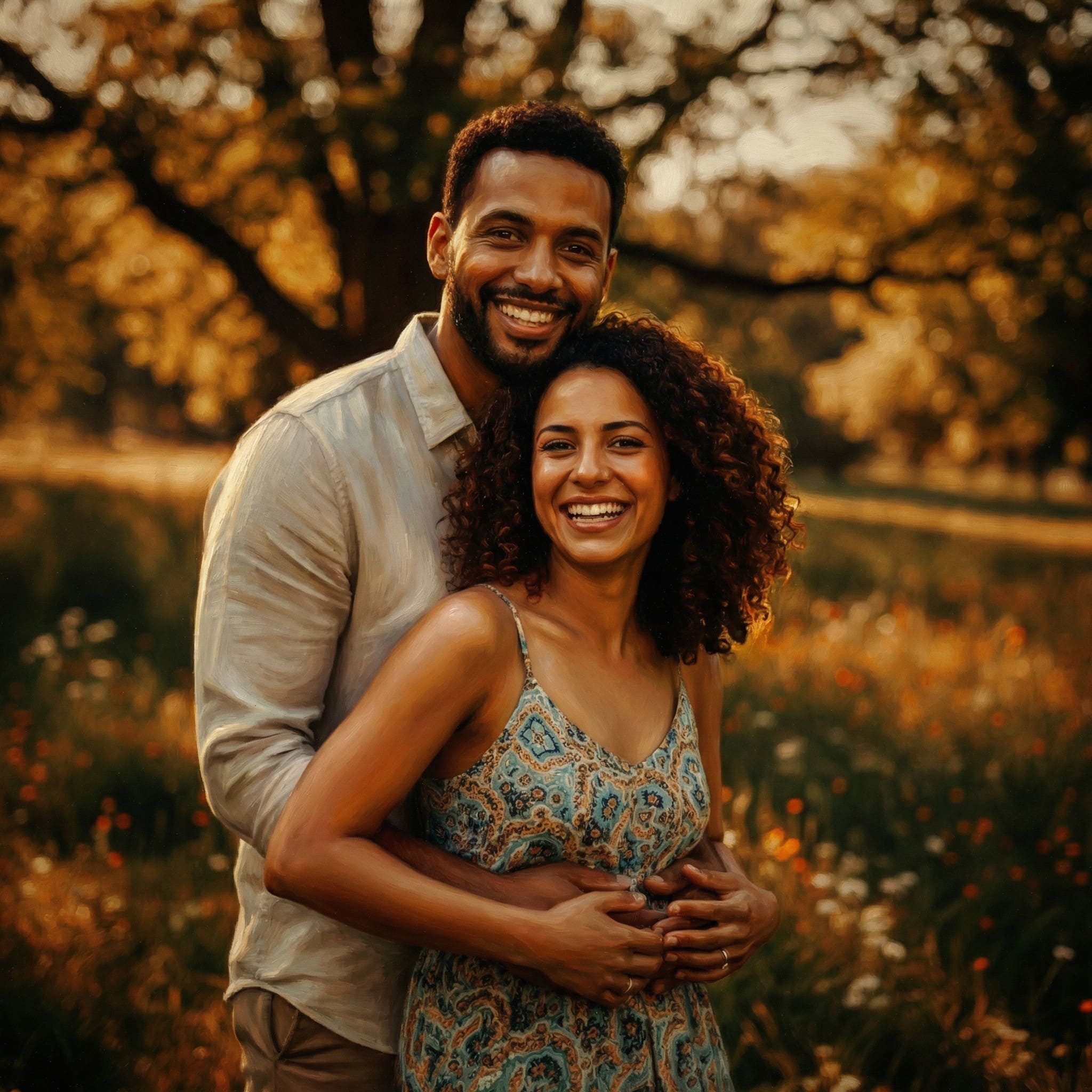 Couple photo transformed into warm golden oil painting
