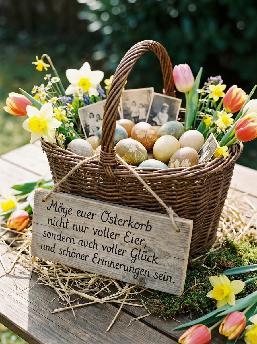 Ein rustikaler Osterkorb auf Holz, gefüllt mit bunten Eiern, Blumen und alten Schwarz-Weiß-Fotografien. Ein Holzschild trägt die Aufschrift Möge euer Osterkorb nicht nur voller Eier, sondern auch voller Glück und schöner Erinnerungen sein.