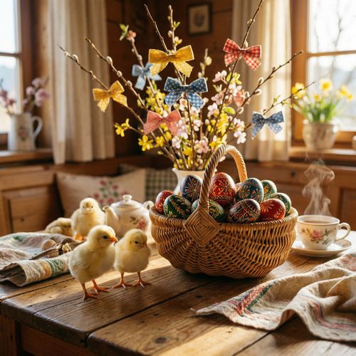 ChatGPT KI-Bild Osterküken und Osterstrauß