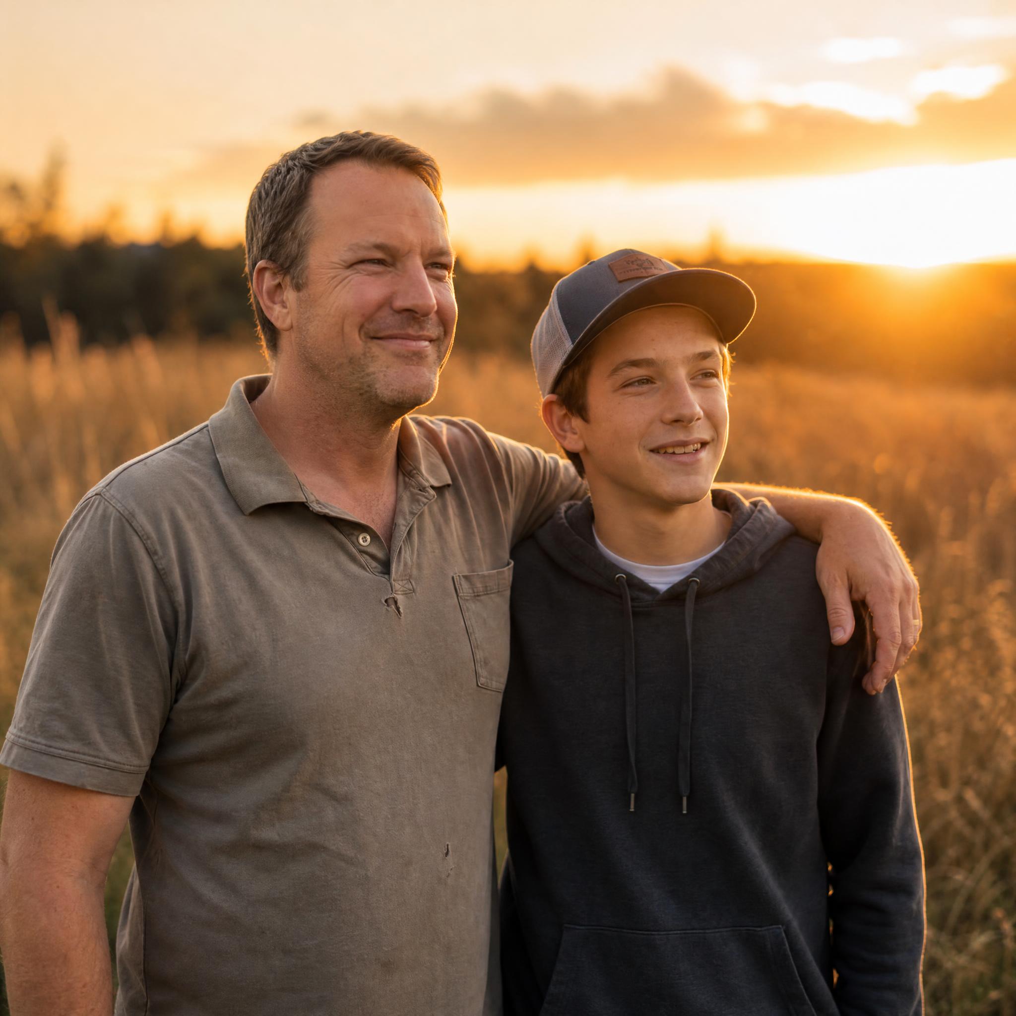 Retrato cinematográfico de padre e hijo al aire libre creado con IA