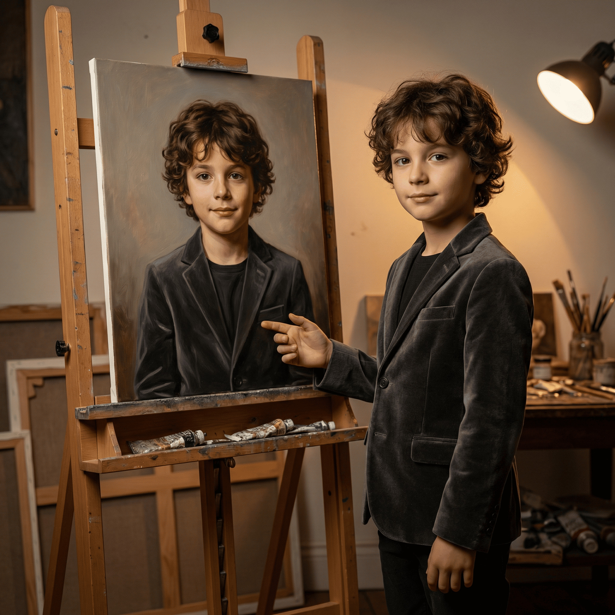 Cinematic portrait standing beside an easel painting