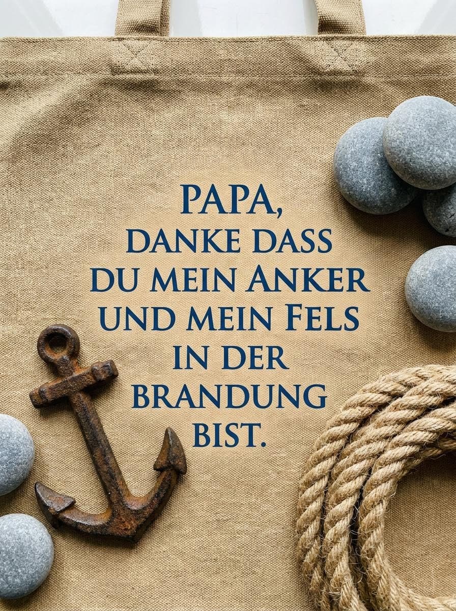 Stimmungsvolles Bild auf sandfarbenem Canvas-Stoff mit einem rostigen Eisenanker, einem Schiffstau und grauen Kieselsteinen, zentriert mit dem blauen Text Papa, danke dass du mein Anker und mein Fels in der Brandung bist.