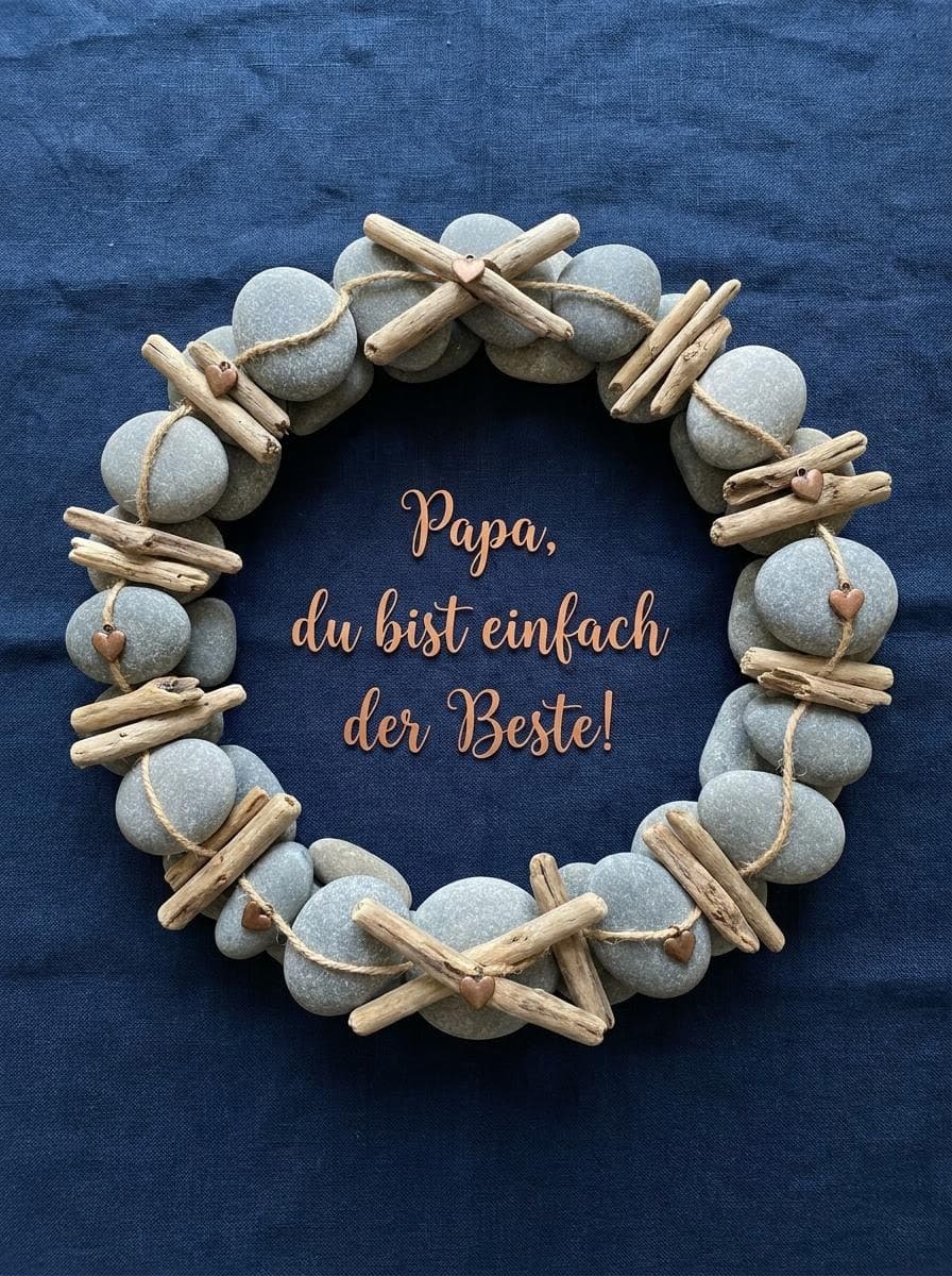 Minimalistisches Vatertagsbild auf dunkelblauem Leinen mit einem Kranz aus Flusssteinen, Treibholz und Kupferherzen um den kupferfarbenen Schriftzug Papa, du bist einfach der Beste.