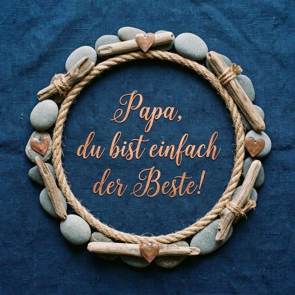 Ein von oben fotografiertes Vatertagsbild auf dunkelblauem Leinen. In der Mitte steht in kupferfarbener Schrift Papa, du bist einfach der Beste!, umrahmt von einem Kreis aus Naturmaterialien wie Kieselsteinen, Treibholz und Hanfseil sowie kleinen Metallherzen.