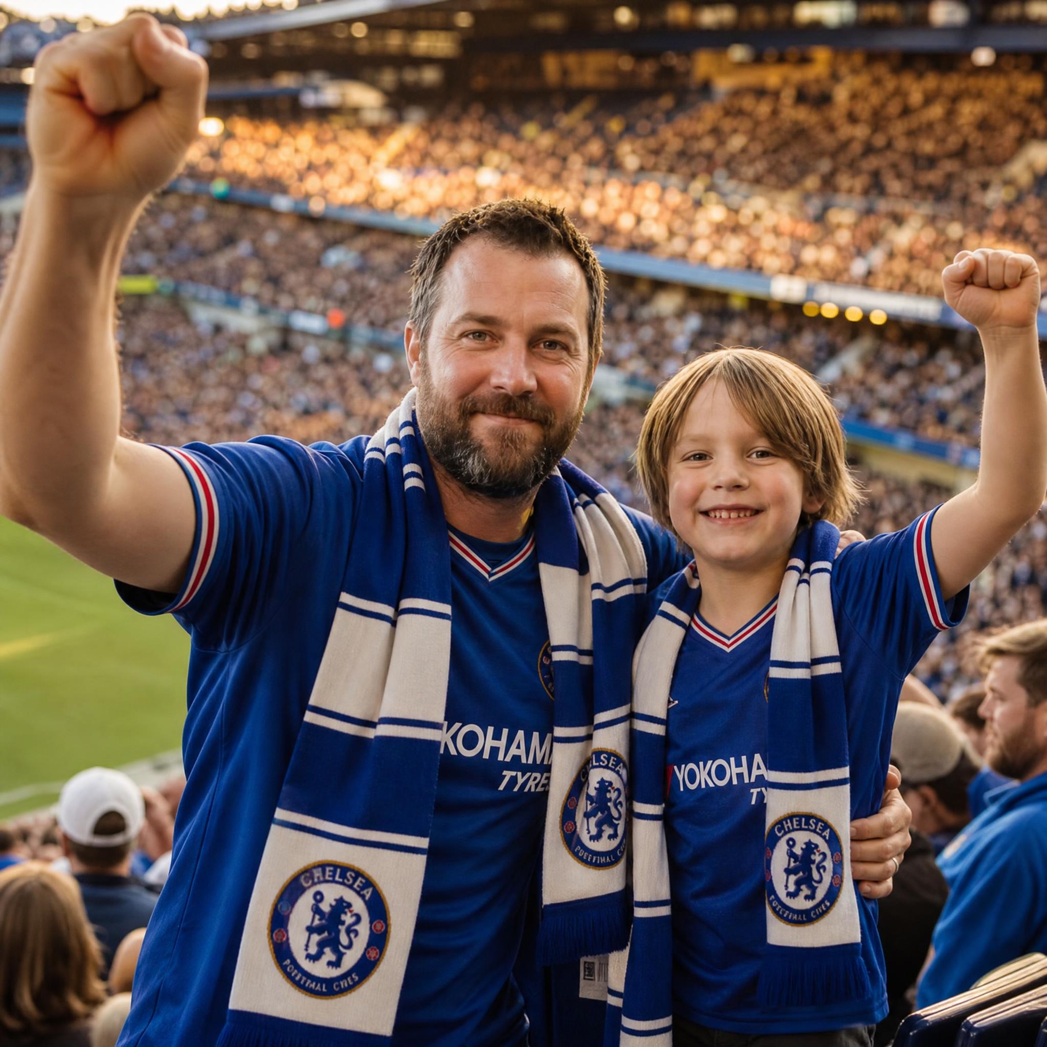 Padre e hijo hinchas en un estadio de fútbol en una escena creada con IA