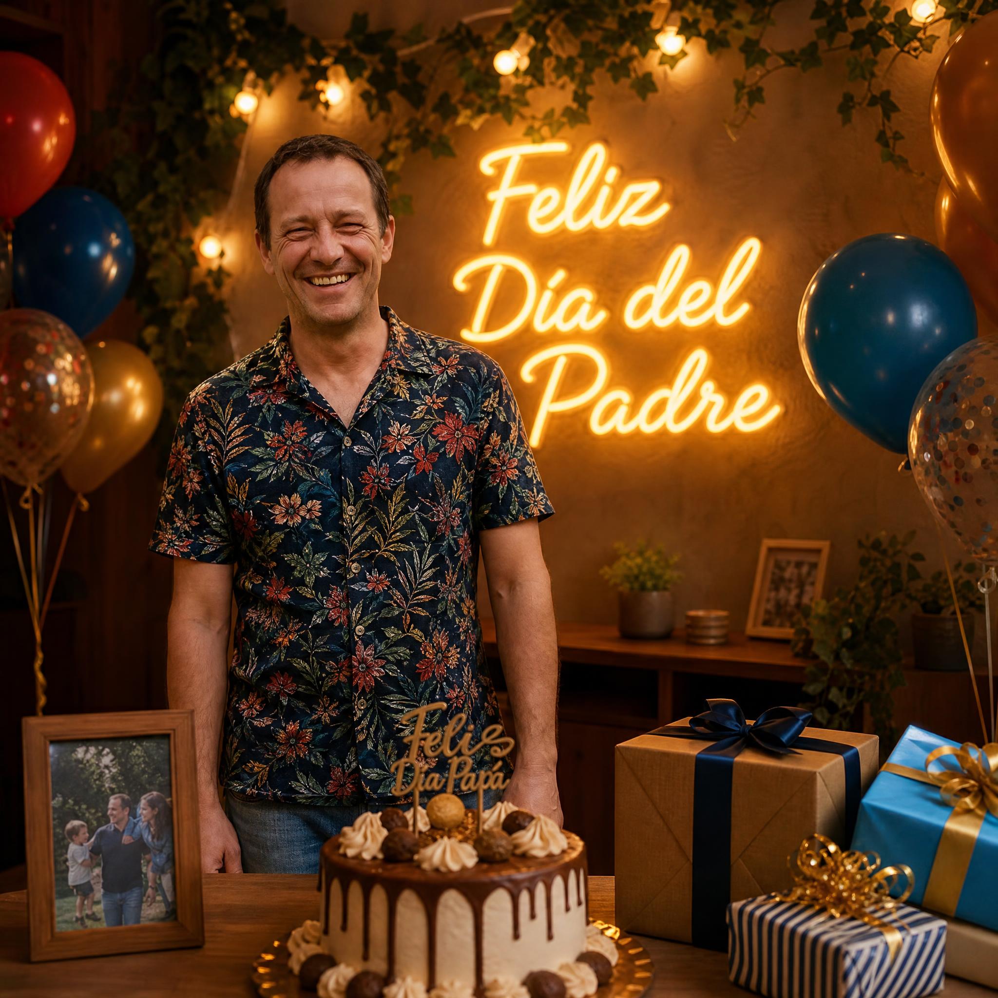 Papá en una sala decorada del Día del Padre con un cartel de neón creado con IA