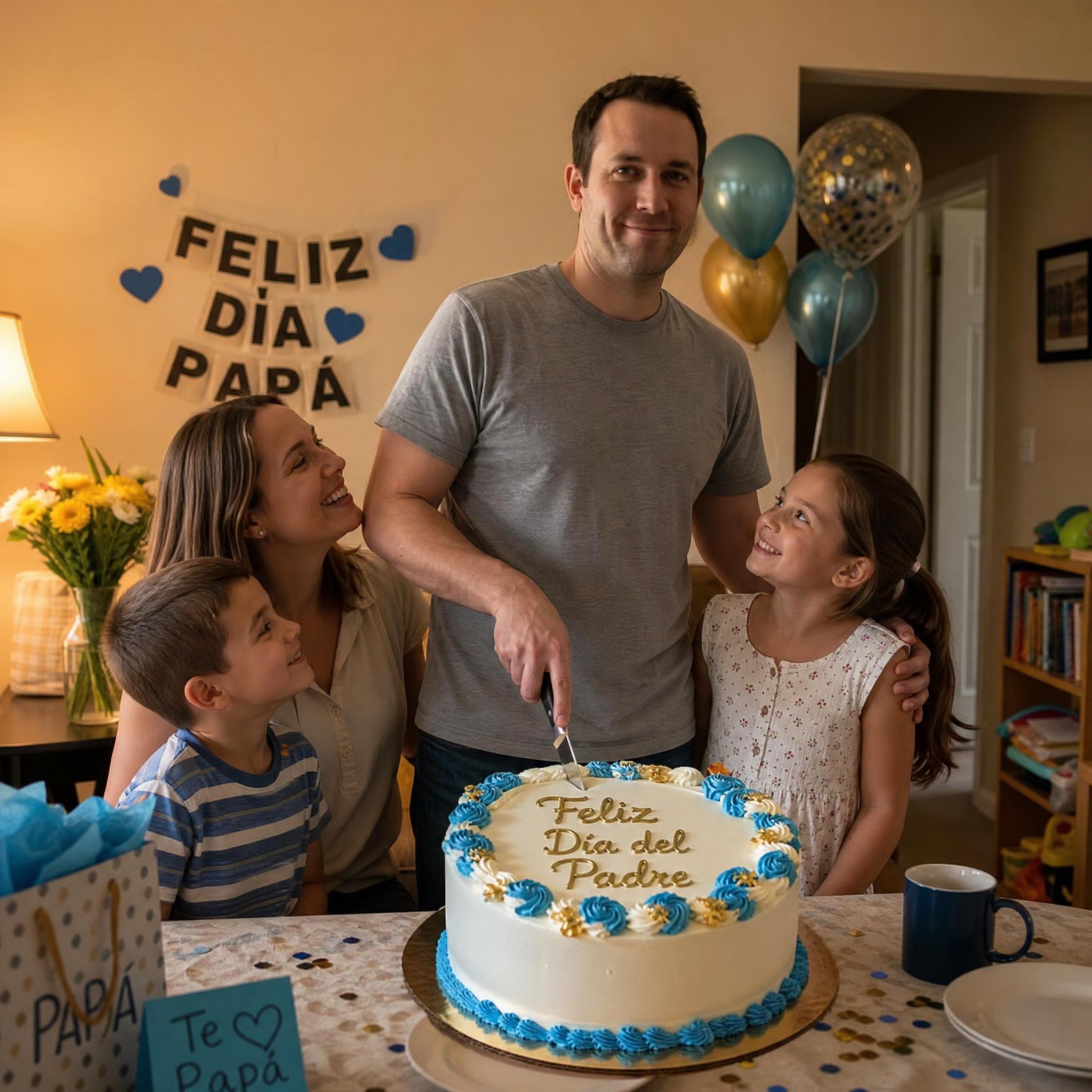 Papá cortando el pastel del Día del Padre con la familia creado con IA