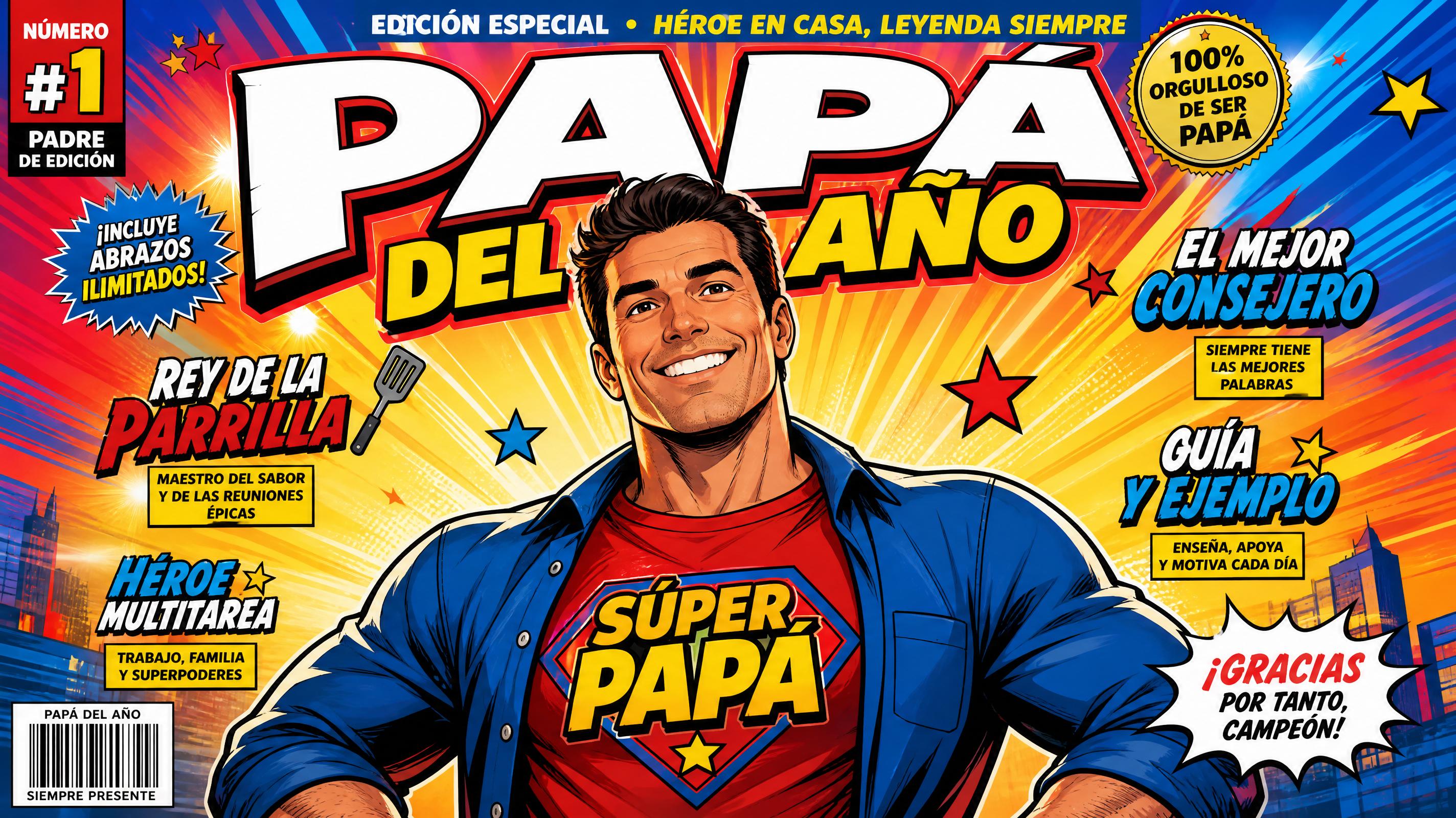 Imagen estilo portada de cómic para el Día del Padre con IA