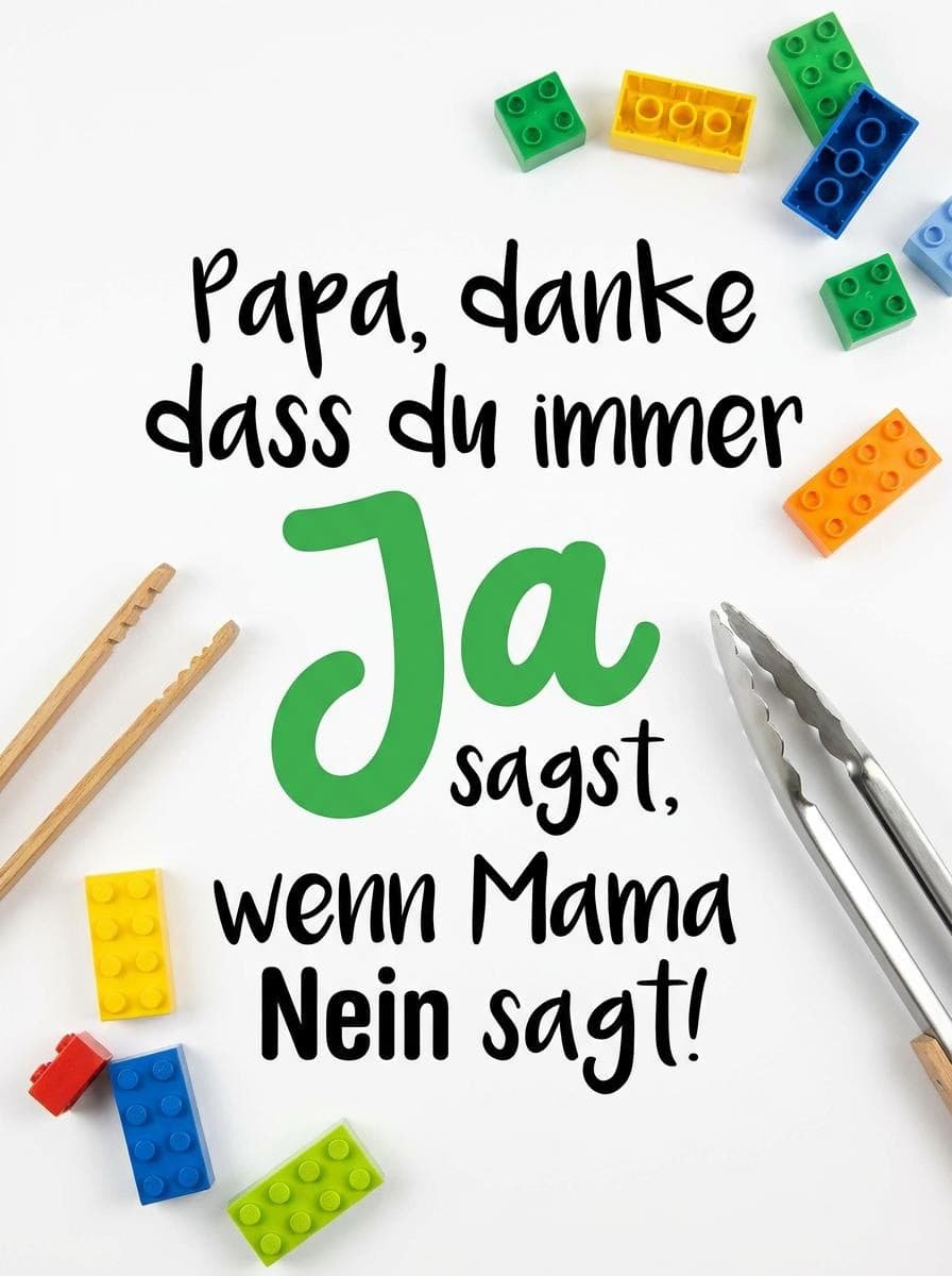 Vatertagsgruss auf weissem Hintergrund mit bunten Bausteinen und einer Grillzange, zentriert mit dem Text Papa, danke dass du immer Ja sagst, wenn Mama Nein sagt!, wobei das Wort Ja gross und grün hervorgehoben ist.