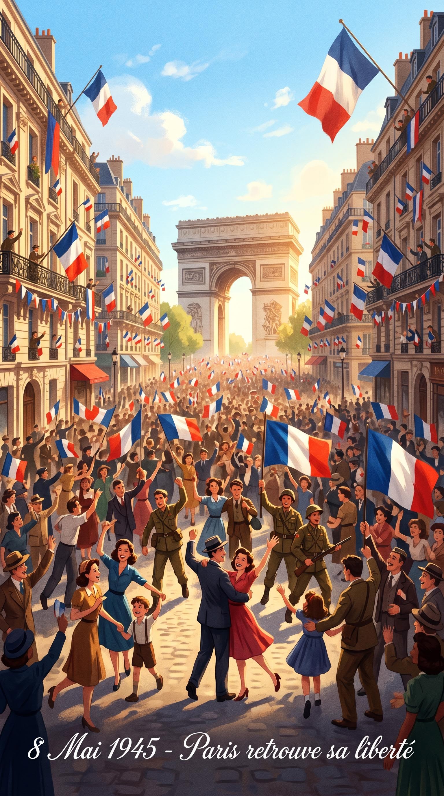 Scène de Paris en fête le 8 mai 1945, générée par IA