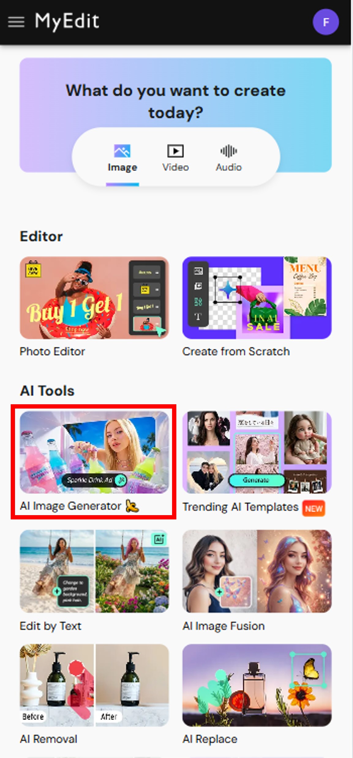 Open MyEdit AI image generator to preview a party hairstyle
