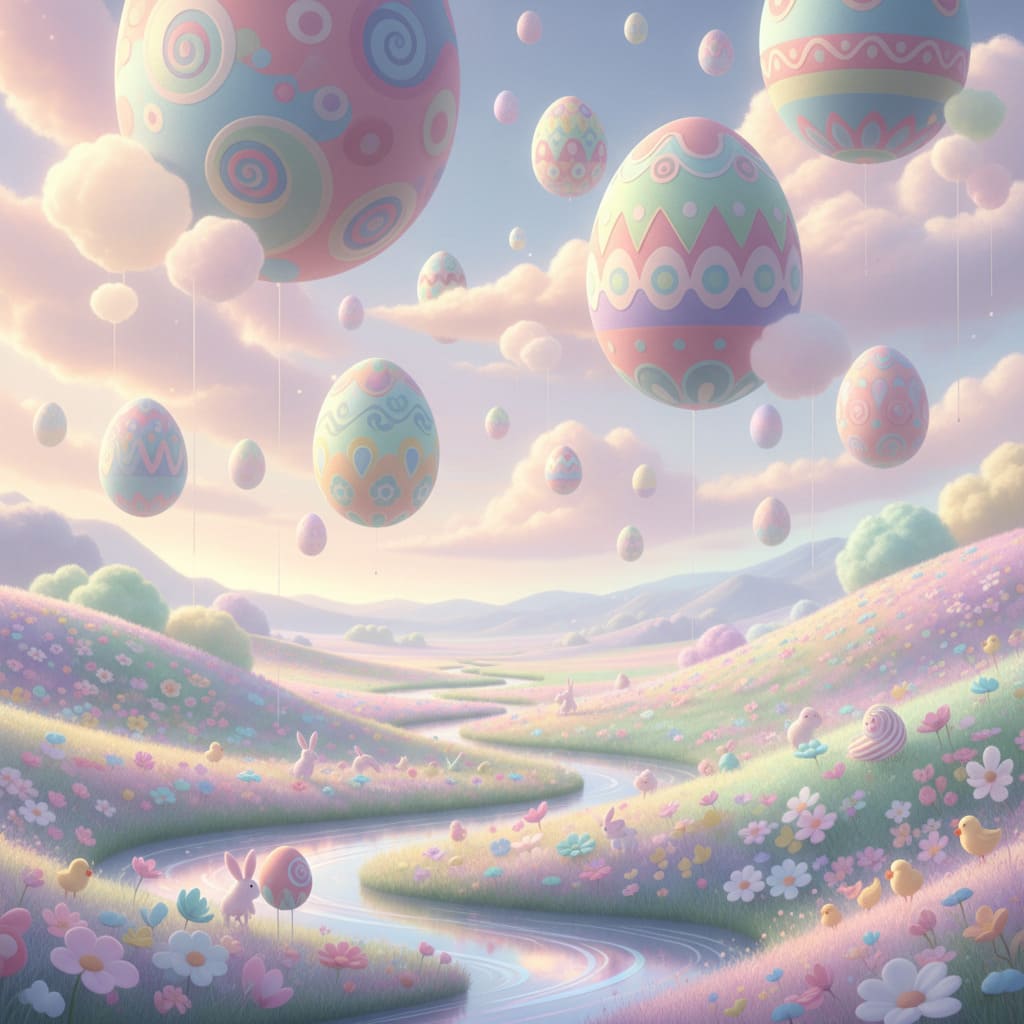 Pastel Easter landscape with floating eggs AI image
