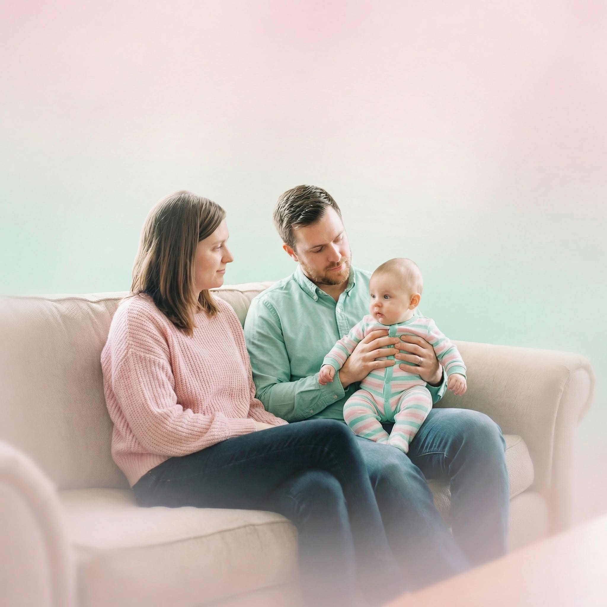 AI-generated soft pastel studio family portrait