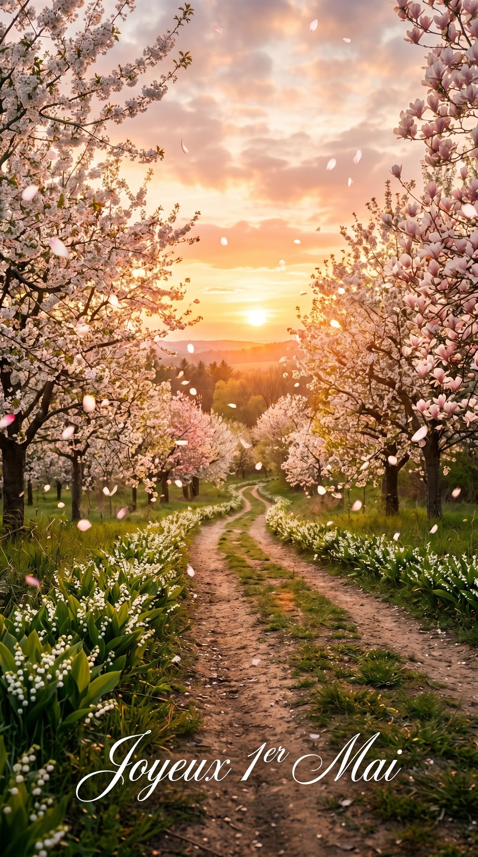 Paysage printanier au coucher du soleil pour le 1er mai, généré par IA