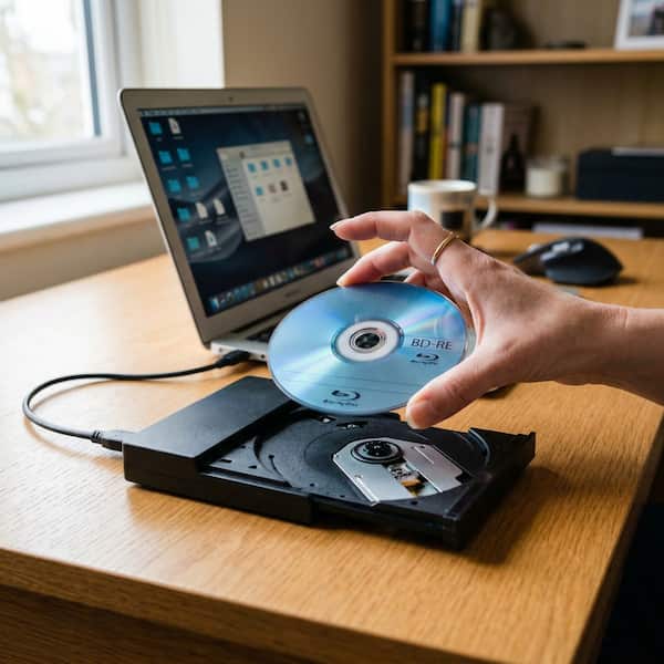 外付けブルーレイドライブにディスクを入れて再生する様子