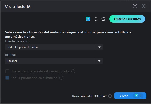 Función de Voz a Texto IA de PowerDirector