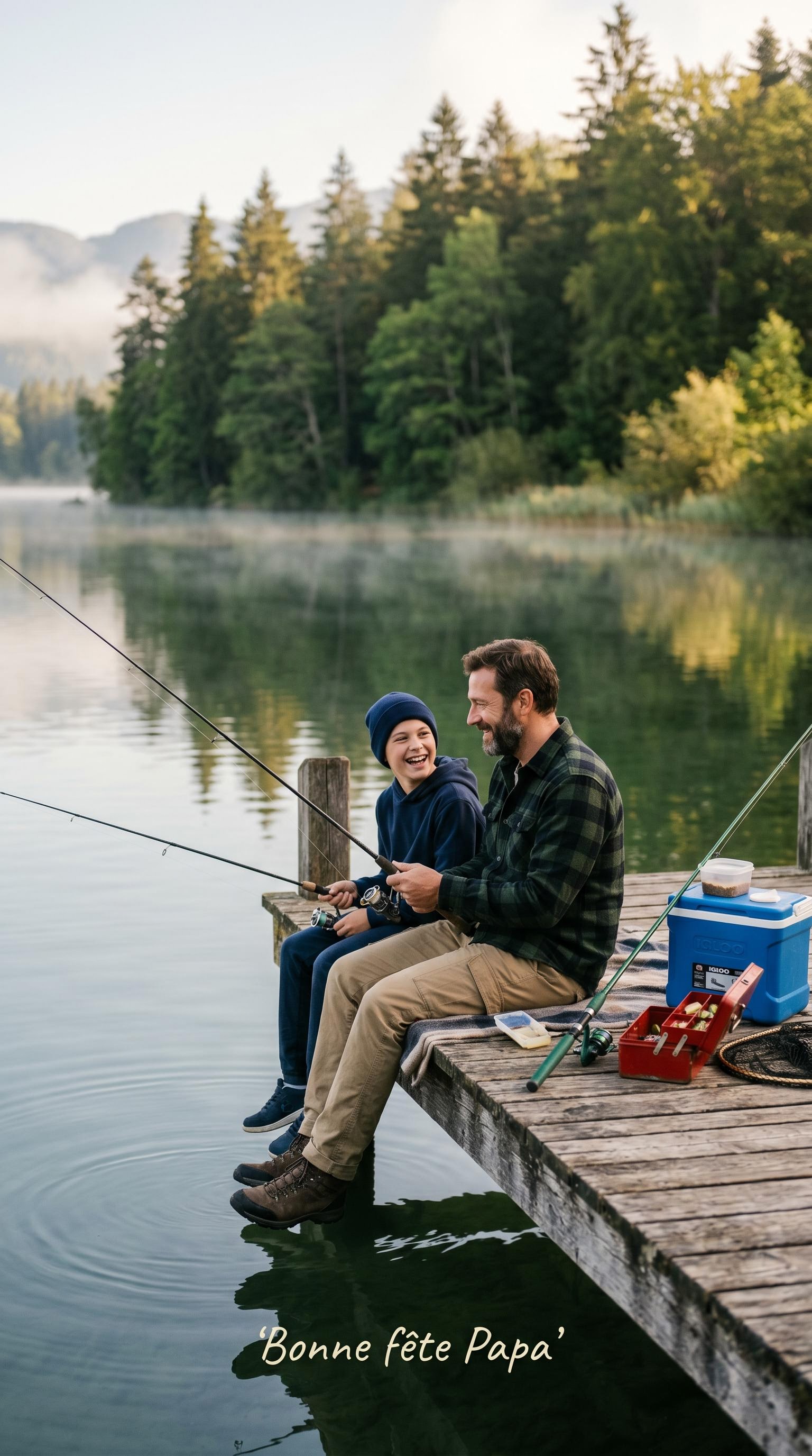 Photo lifestyle d'un père et son fils à la pêche pour la fête des pères, générée par IA