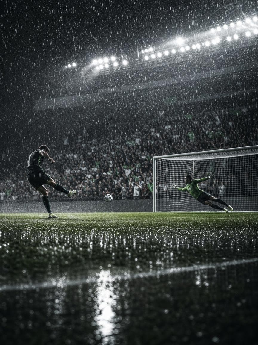 Foto dramática de un penal bajo la lluvia en el Mundial 2026, generada con IA