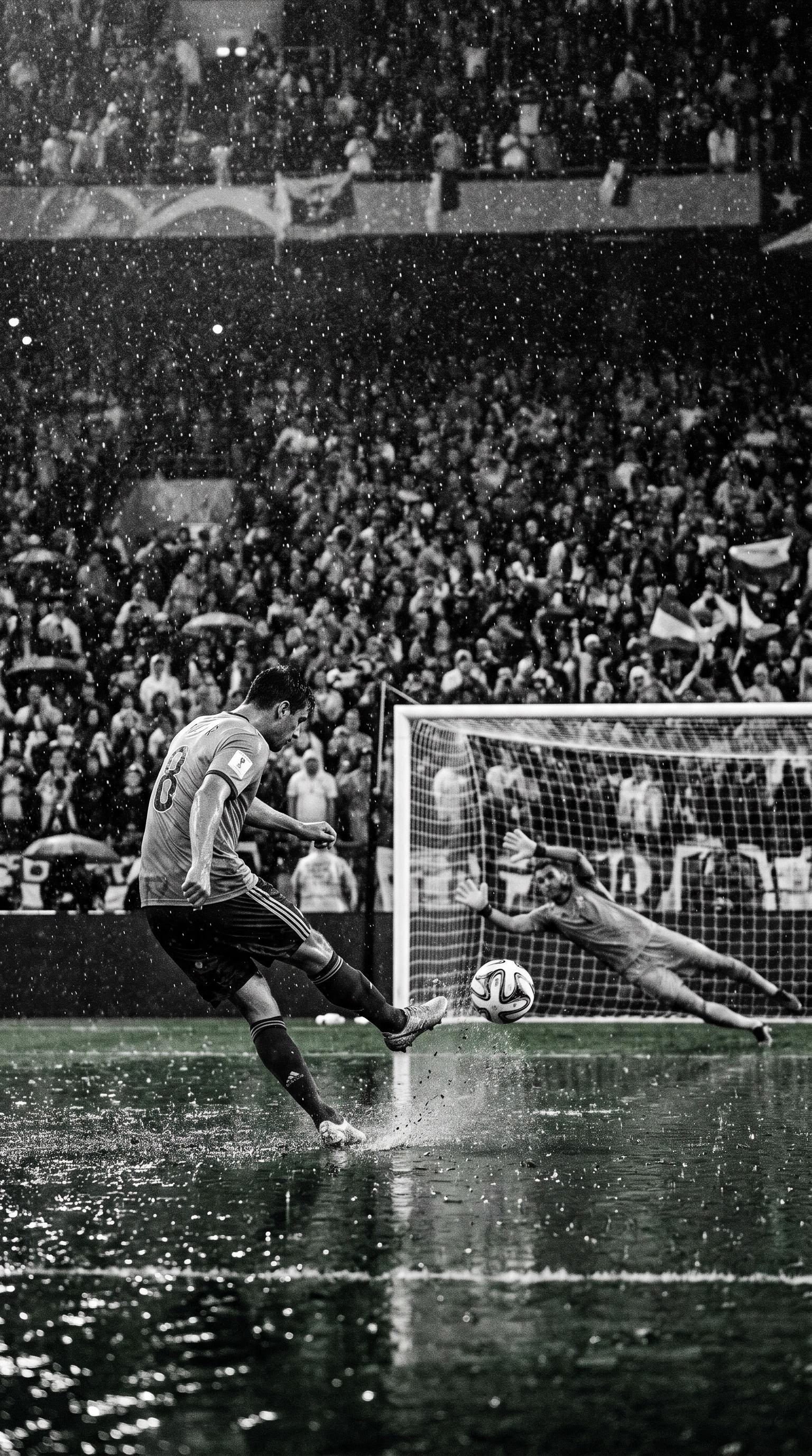 Dramatic photo of a penalty kick in the rain at the World Cup, AI generated
