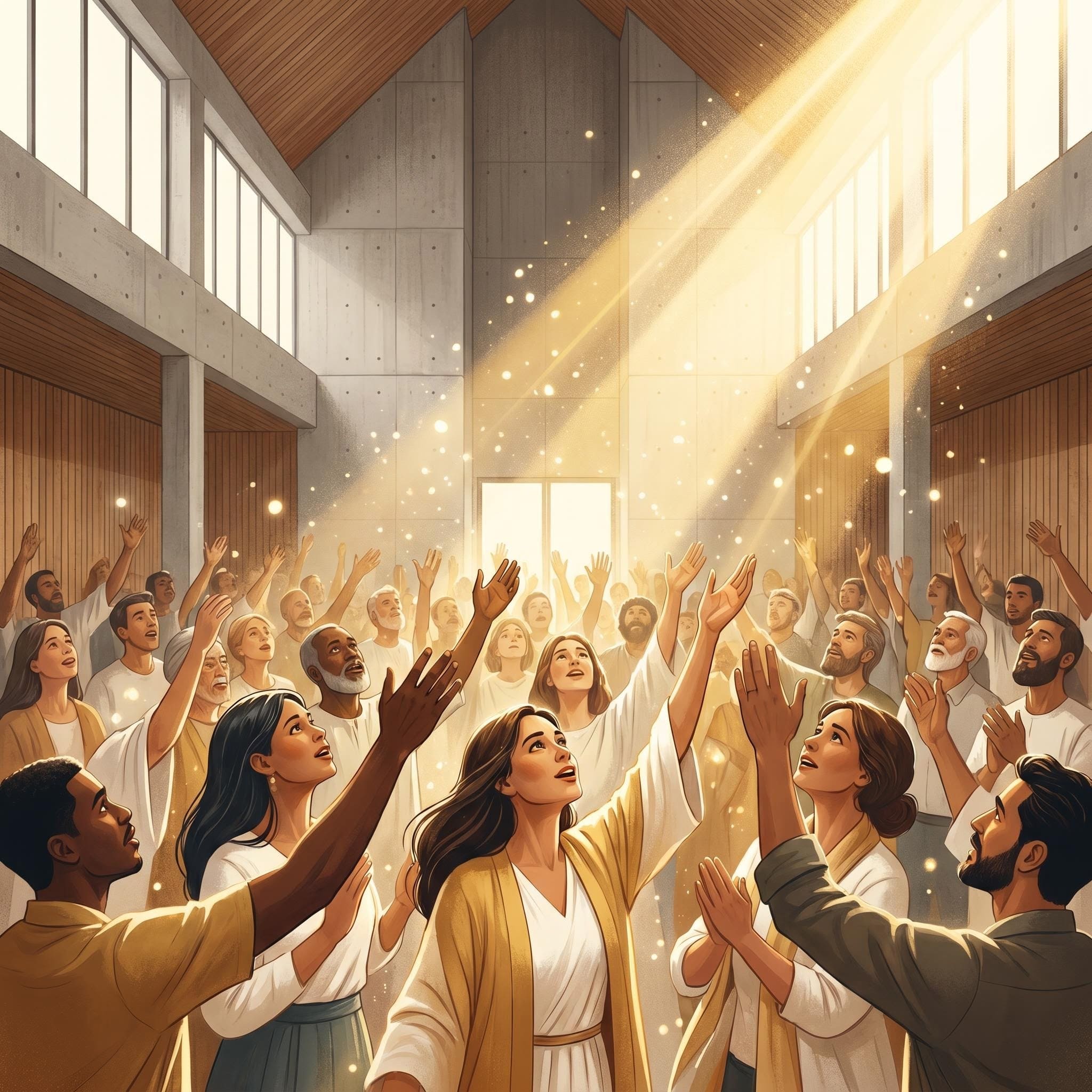 AI image: divine light over a praying congregation, Pentecost