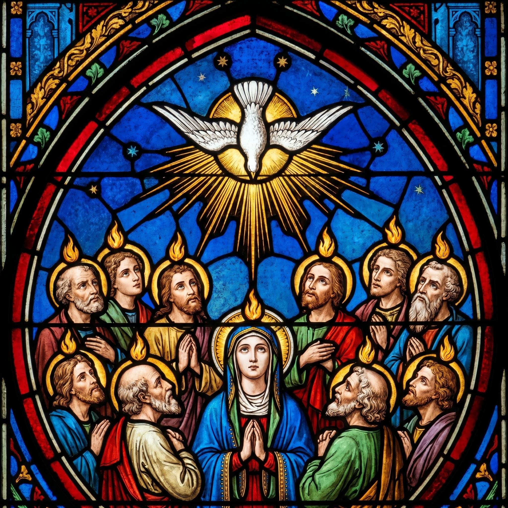 AI image: Pentecost in medieval stained glass style