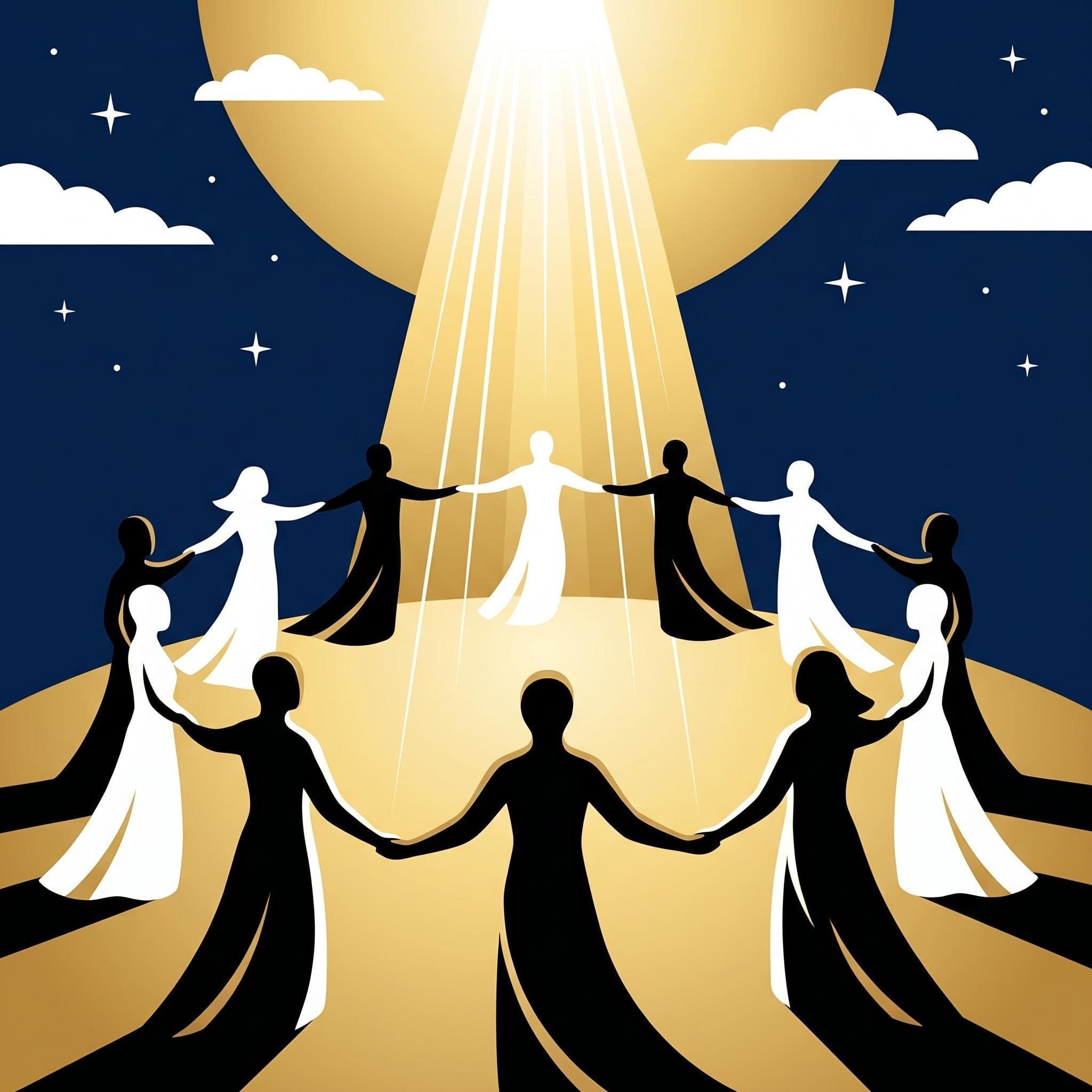 Image IA : cercle de lumière et de communion, Pentecôte