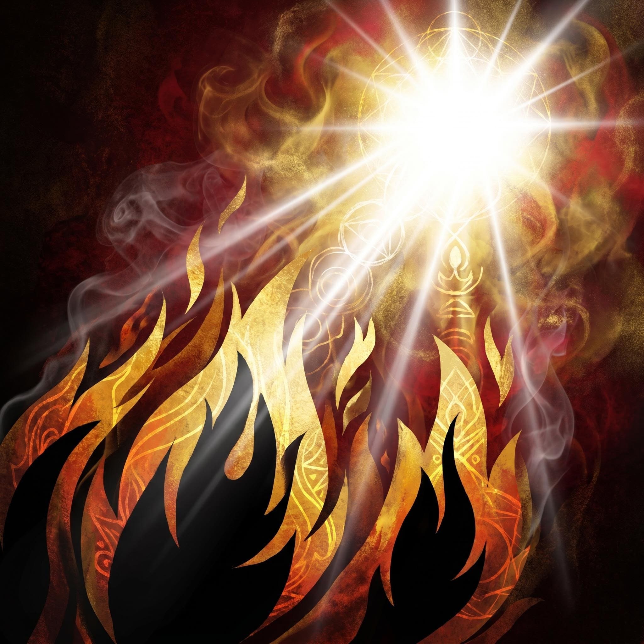 Image IA abstraite : flammes et lumière divine pour la Pentecôte