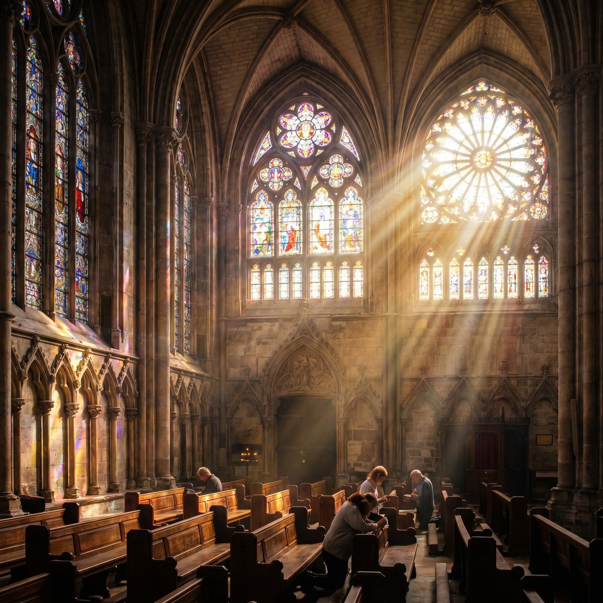 Image IA : rayons de lumière divine dans une église, Pentecôte