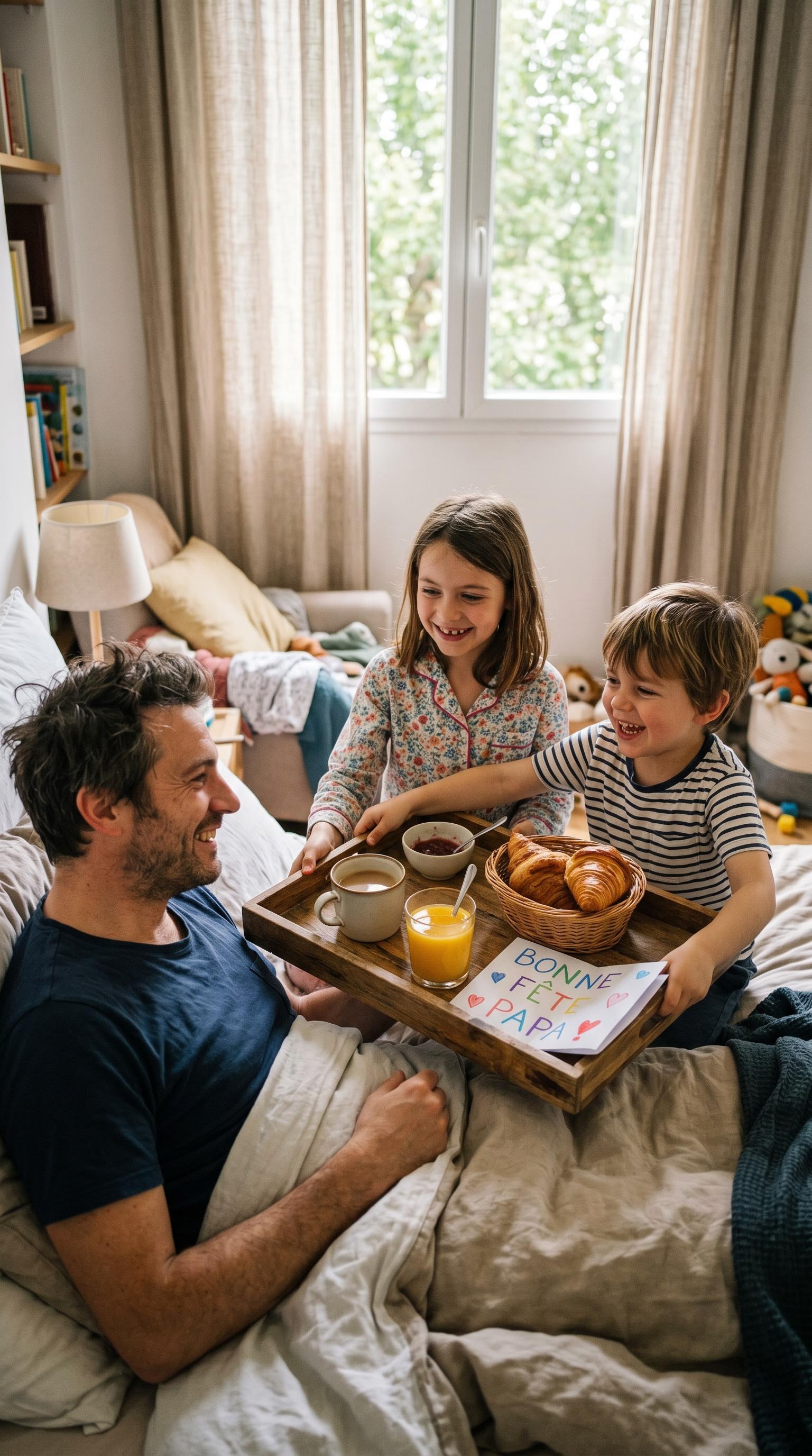 Photo reportage du petit-déjeuner surprise au lit pour la fête des pères, générée par IA