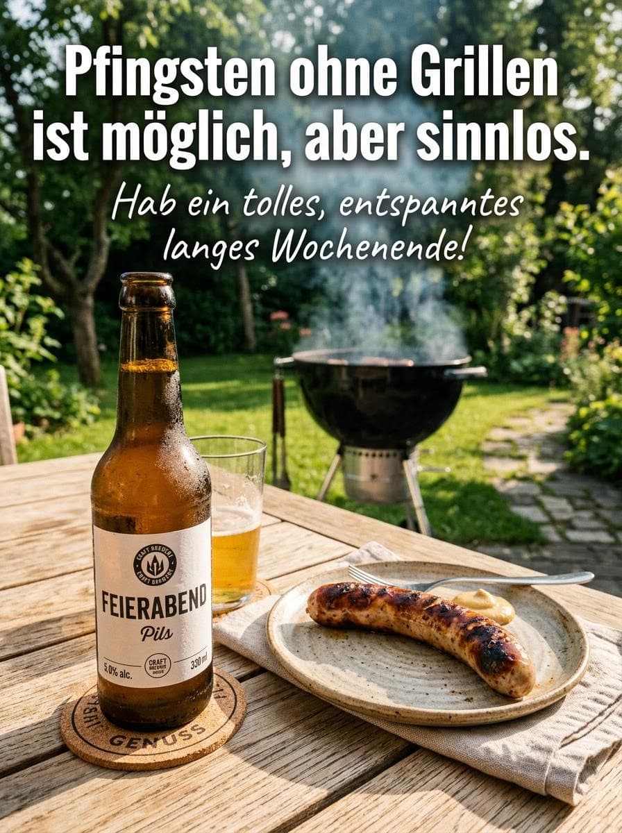 Eine Flasche Feierabend-Pils und eine gegrillte Bratwurst auf einem Gartentisch vor einem rauchenden Kugelgrill mit dem Text Pfingsten ohne Grillen ist möglich, aber sinnlos.