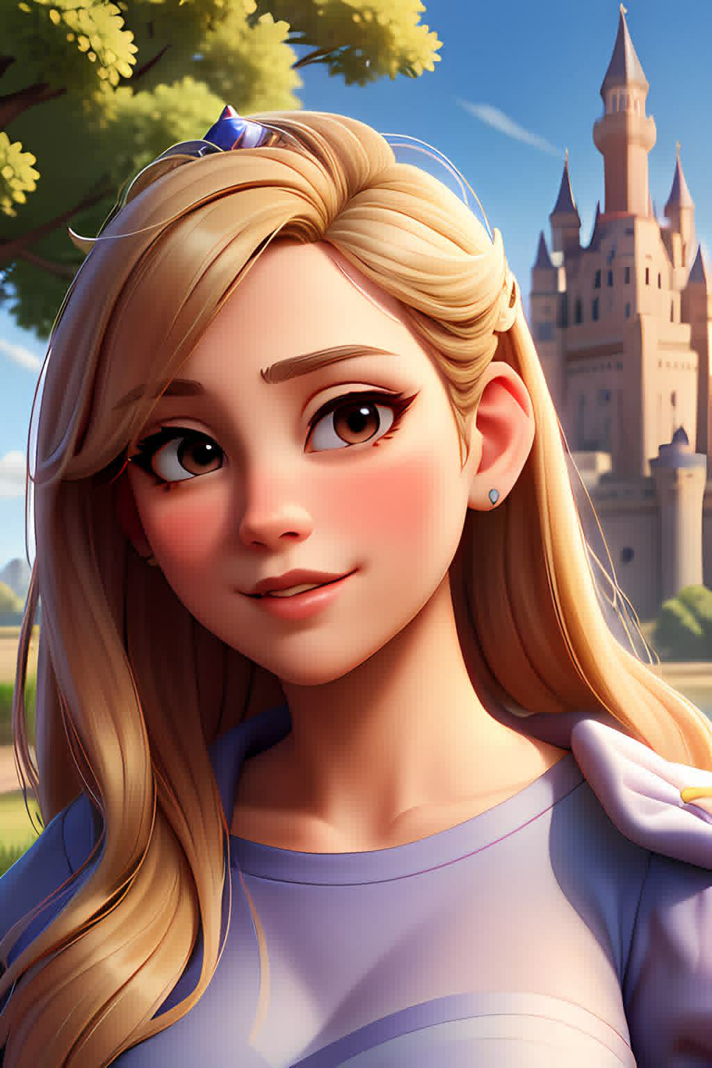Eine 3D-animierte Illustration einer Frau im Disney-Prinzessinnen-Stil.
