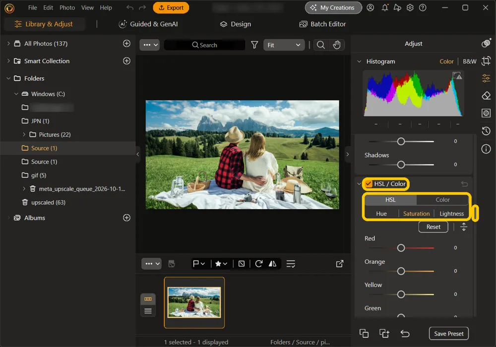 The HSL / Color section with its title, the HSL and Color views, the Hue, Saturation, and Lightness sub-tabs, and the panel scrollbar highlighted