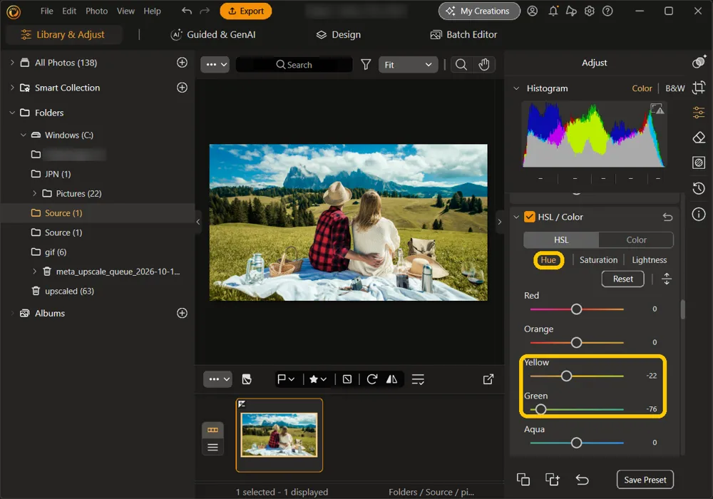 The Hue sub-tab selected, with Yellow at -22 and Green at -76 highlighted and the meadow turned golden