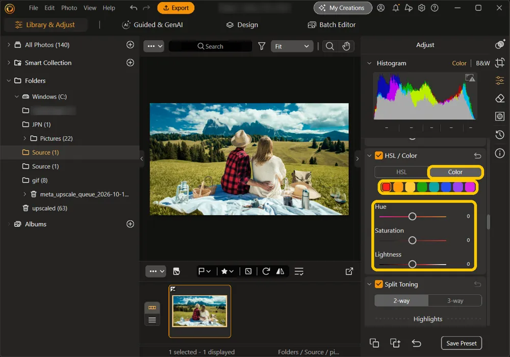The Color view of HSL / Color with the Color button, the row of eight color chips, and the Hue, Saturation, and Lightness sliders highlighted